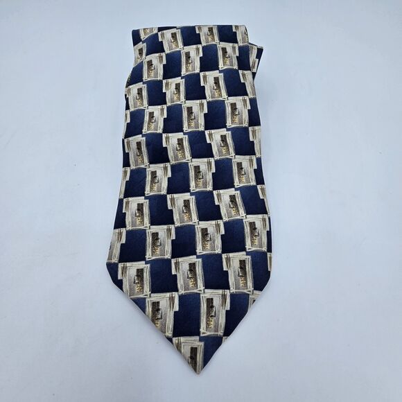 Stafford Mens Necktie 100% Silk Blue Tan Geometric Business Tie 57 x 4 Vintage - Picture 2 of 6